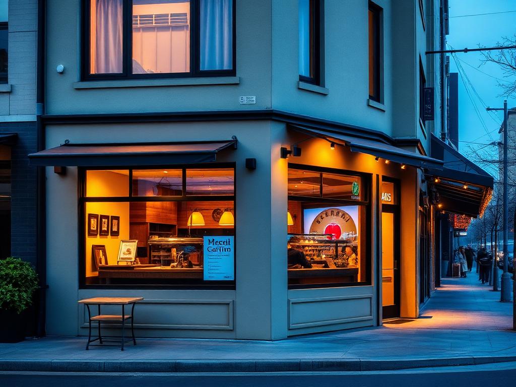 Fachada de Impulsa Café al atardecer