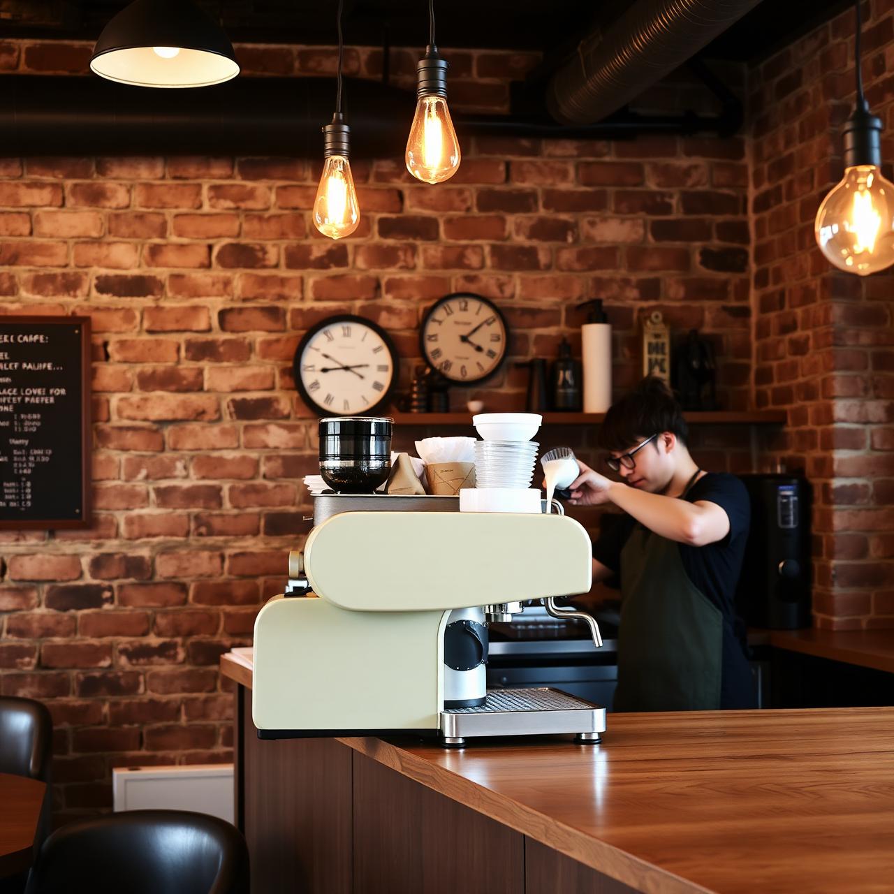 Interior cálido de Impulsa Café con máquina de espresso